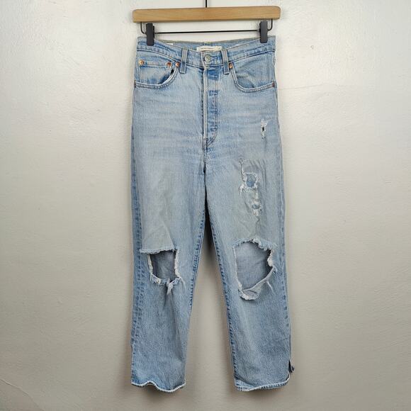 Levis Ribcage Straight Jeans Womens 27 Light Wash Knee Rips Distressed High Rise - Picture 1 of 14